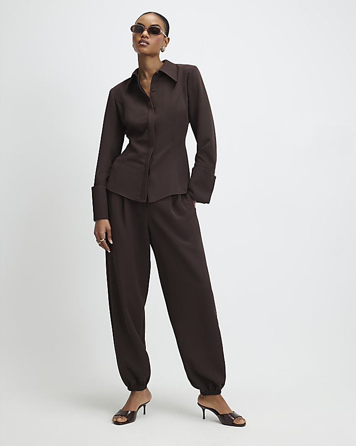 Brown Cuffed Slim Leg Trousers