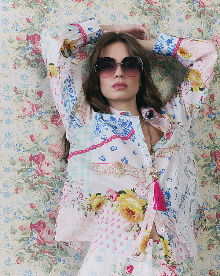 Cream Floral Patchwork Print Shirt