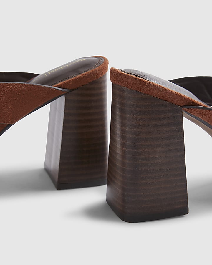 Brown Faux Suede Toe Thong Heeled Sandals