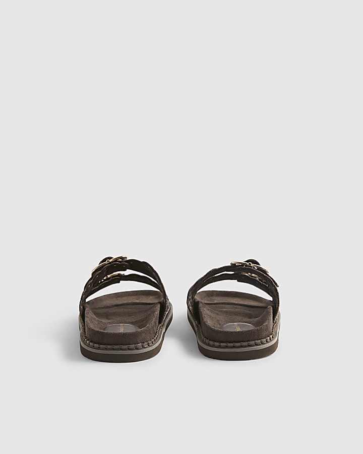 Brown Double Strap Scallop Trim Sandals
