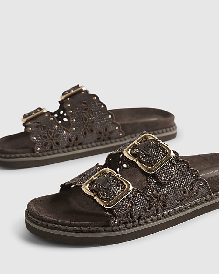 Brown Double Strap Scallop Trim Sandals