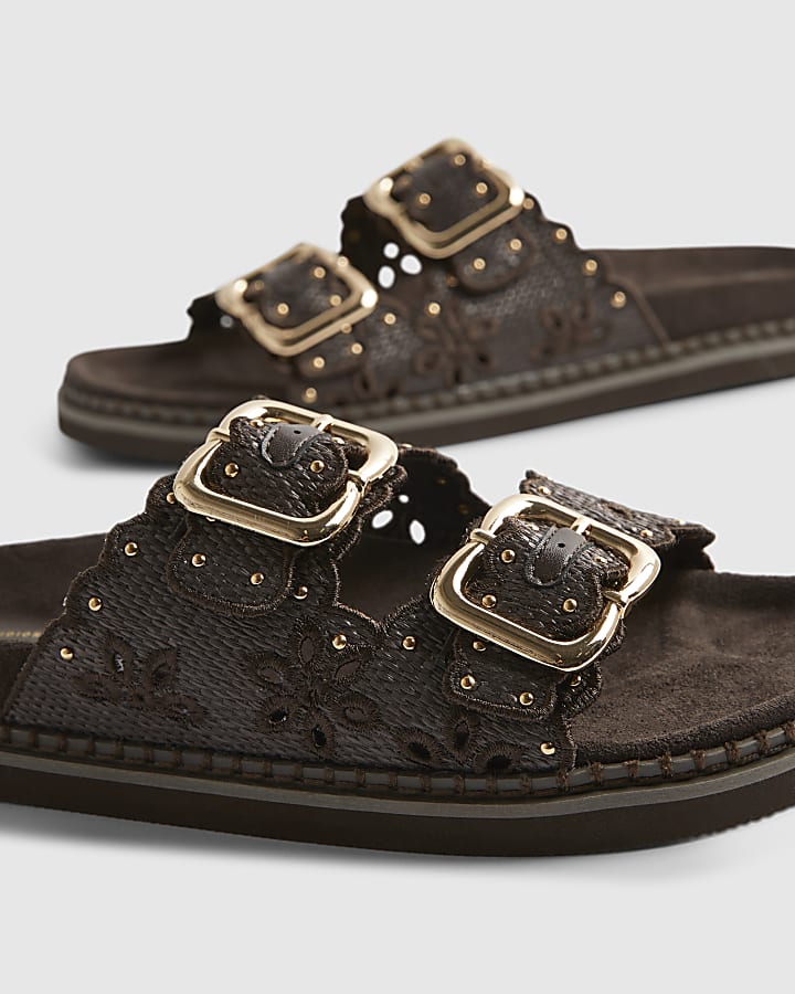 Brown Double Strap Scallop Trim Sandals