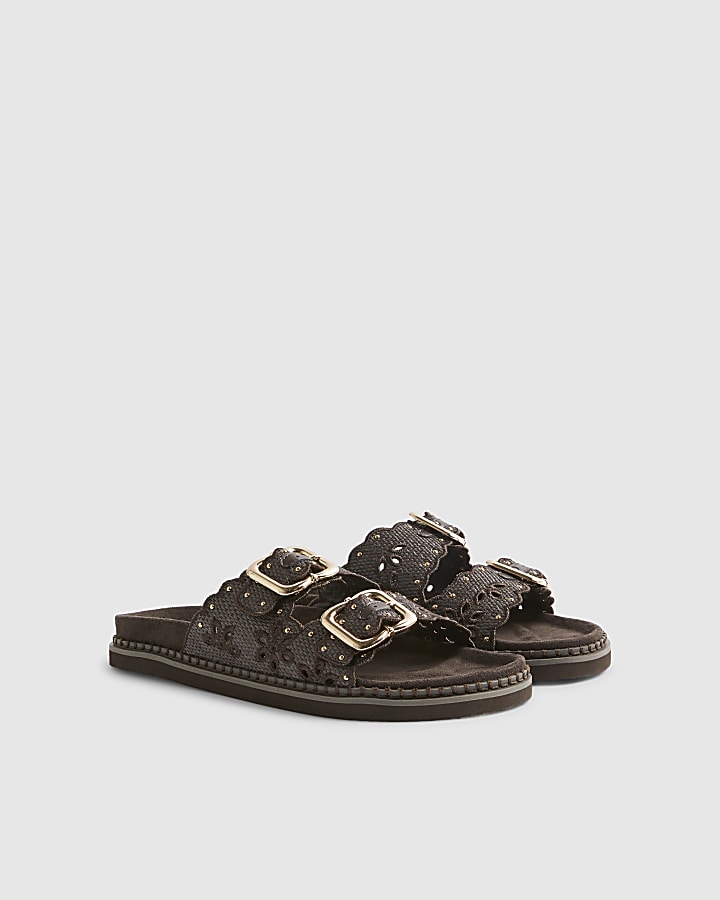 Brown Double Strap Scallop Trim Sandals