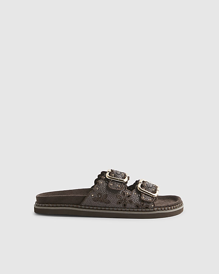 Brown Double Strap Scallop Trim Sandals