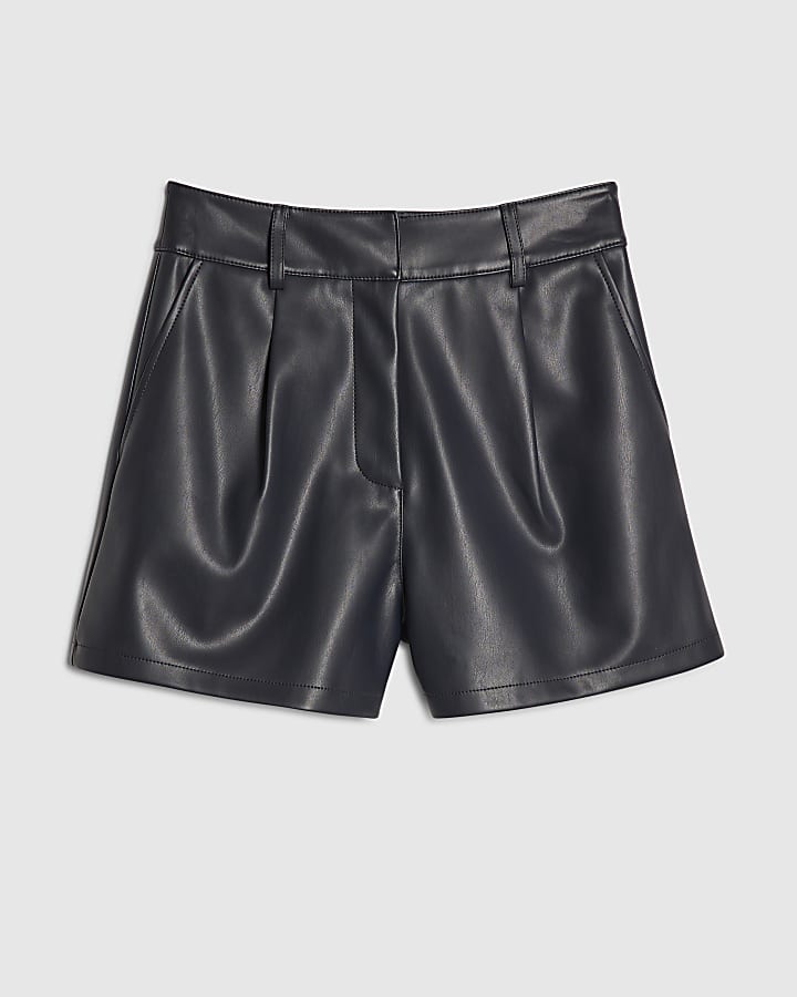 Navy Faux Leather Tailored Shorts