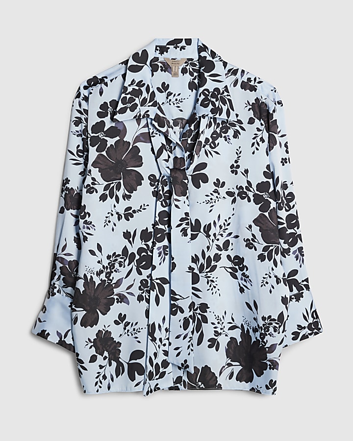 Blue Long Sleeve Floral Print Shirt