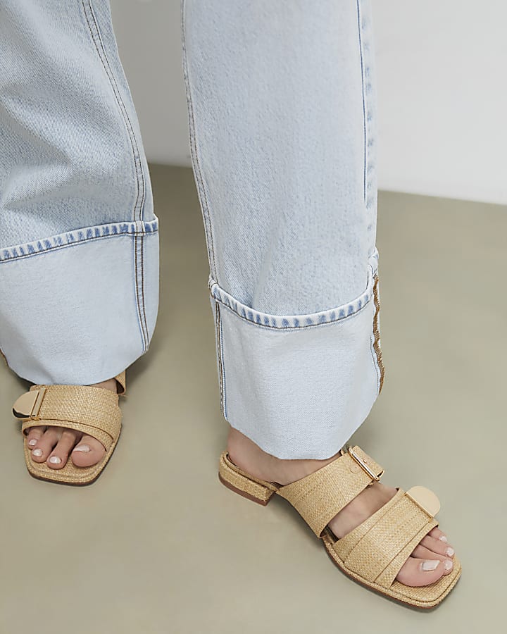 Beige Raffia Flat Sandals