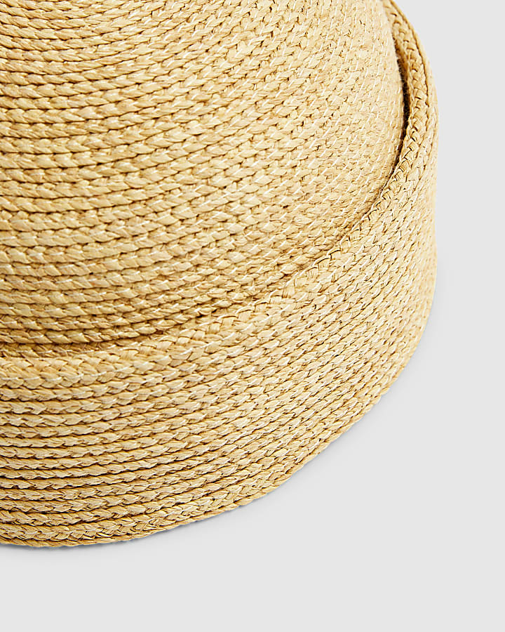 Beige Raffia Turn Back Pillbox Hat