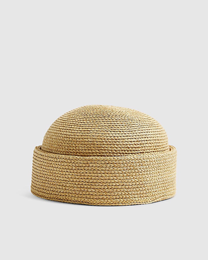 Beige Raffia Turn Back Pillbox Hat