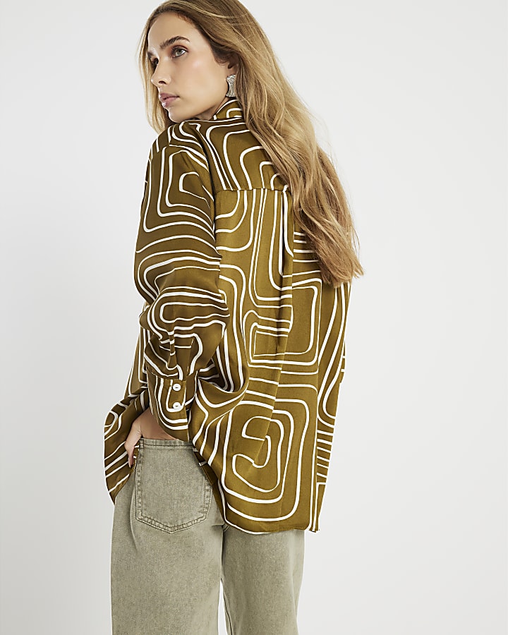 Green Satin Long Sleeve Abstract Print Shirt