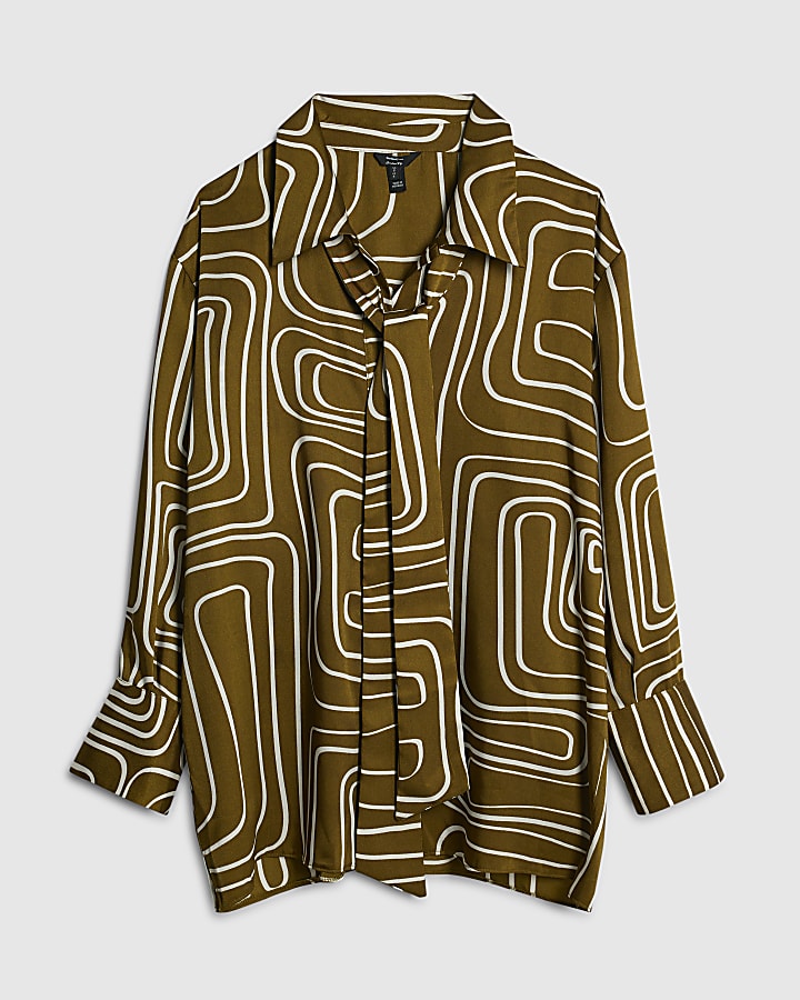 Green Satin Long Sleeve Abstract Print Shirt