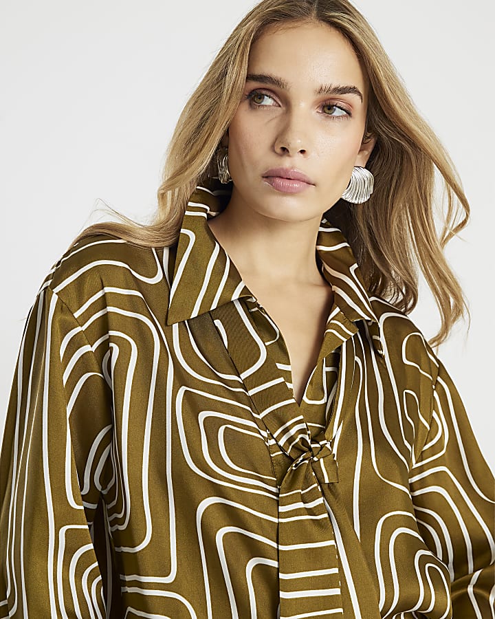 Green Satin Long Sleeve Abstract Print Shirt