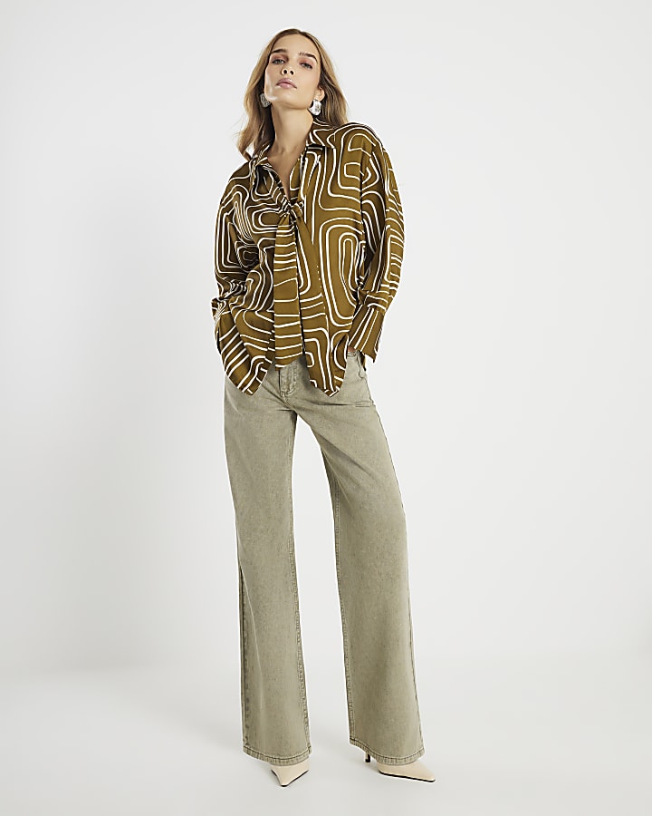 Green Satin Long Sleeve Abstract Print Shirt