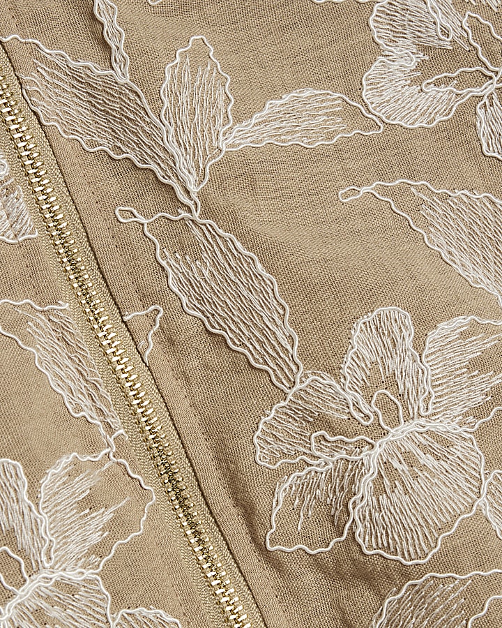 Beige Floral Embroidered Bomber Jacket