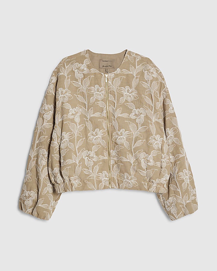 Beige Floral Embroidered Bomber Jacket