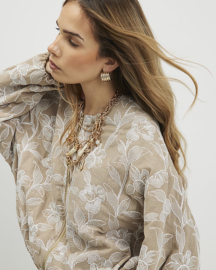 Beige Floral Embroidered Bomber Jacket
