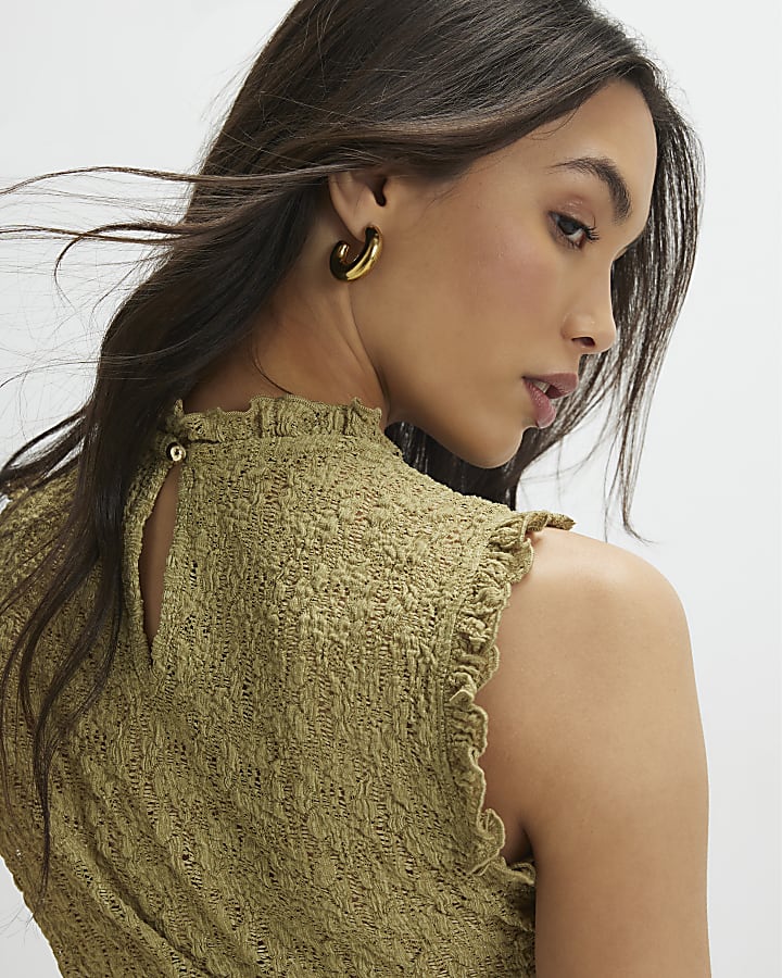 Khaki Sleeveless Lettuce Trim Textured Top