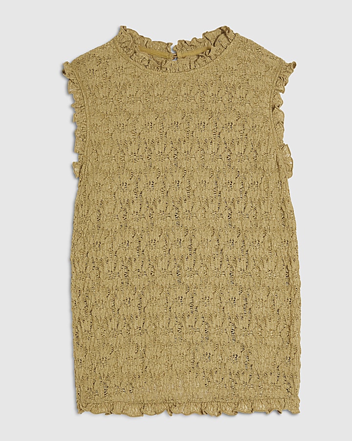 Khaki Sleeveless Lettuce Trim Textured Top