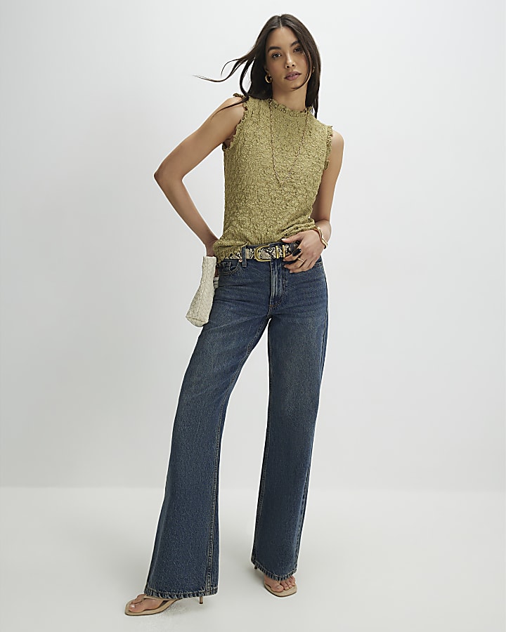 Khaki Sleeveless Lettuce Trim Textured Top