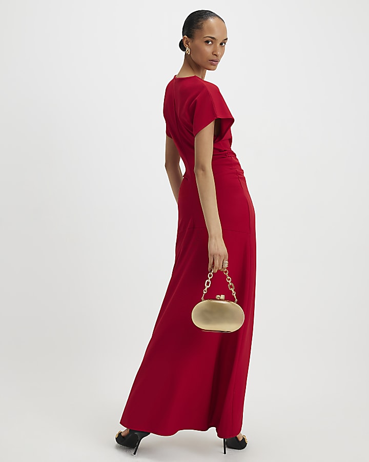 Red Short Sleeve Cinched Waist Maxi Dress