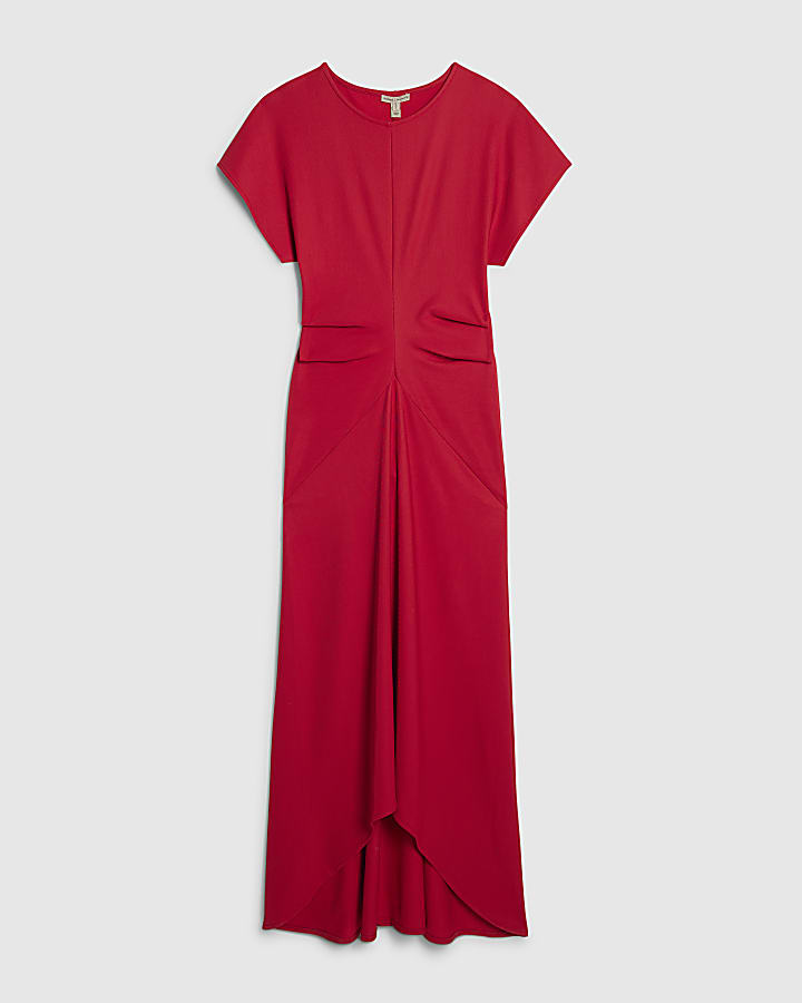 Red Short Sleeve Cinched Waist Maxi Dress