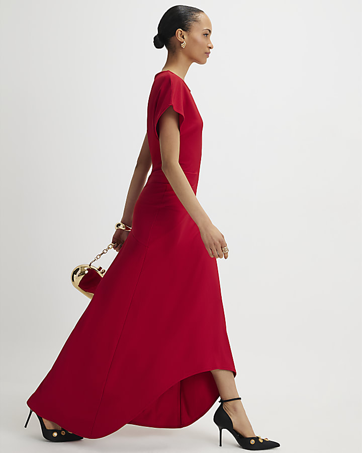 Red Short Sleeve Cinched Waist Maxi Dress