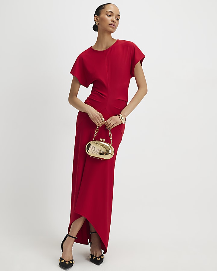 Red Short Sleeve Cinched Waist Maxi Dress