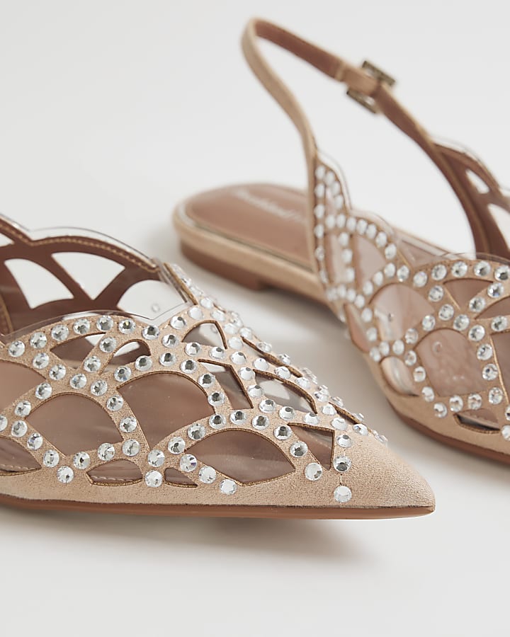 Beige Embellished Flat Shoes