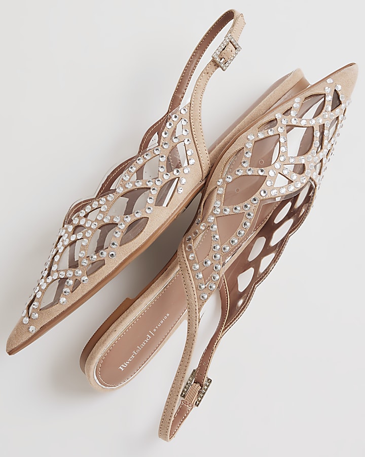 Beige Embellished Flat Shoes