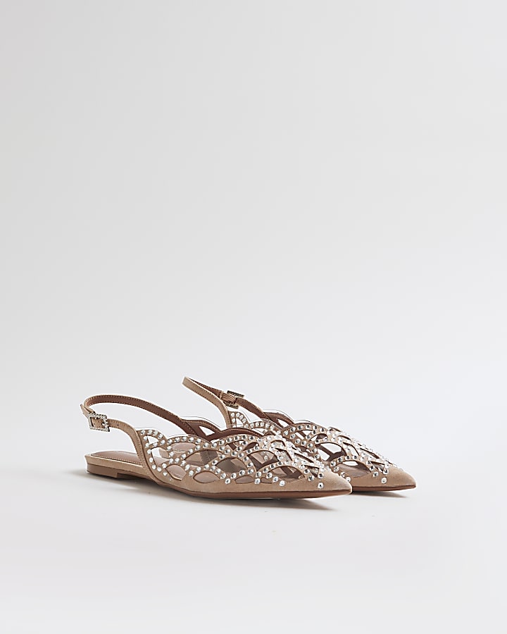 Beige Embellished Flat Shoes