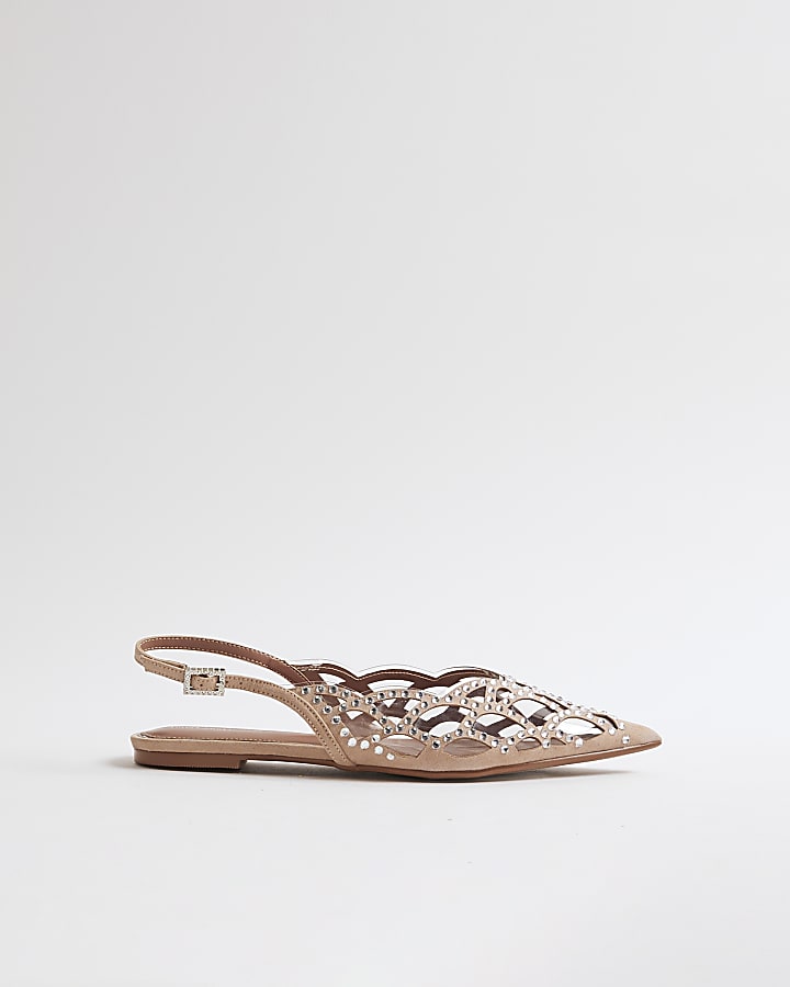 Beige Embellished Flat Shoes