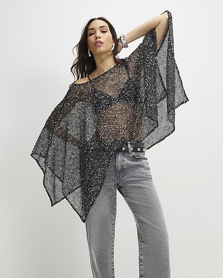 Black Sequin Knitted Cape
