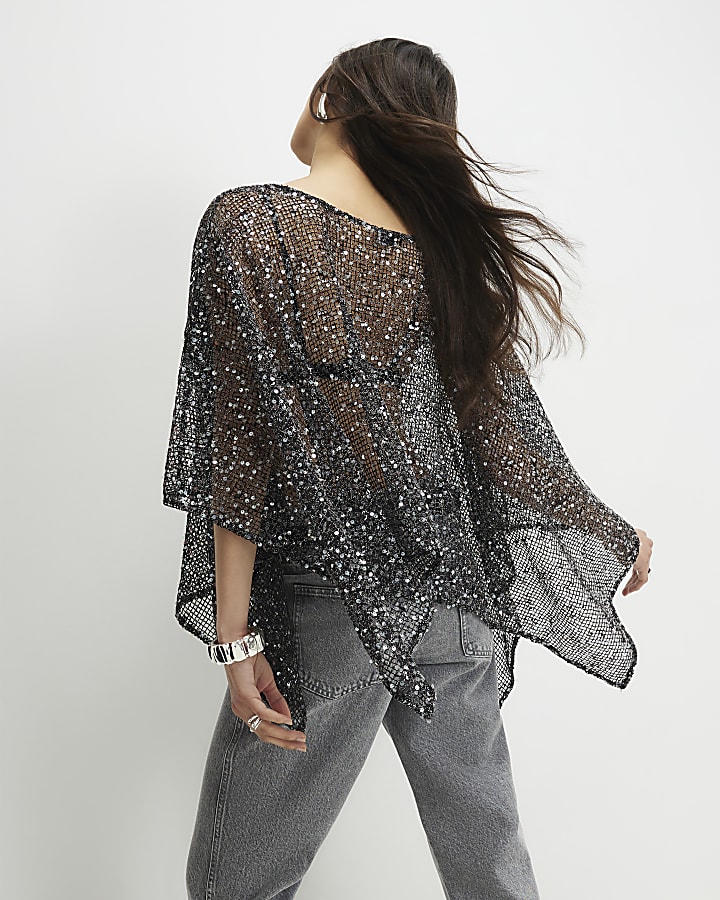 Black Sequin Knitted Cape
