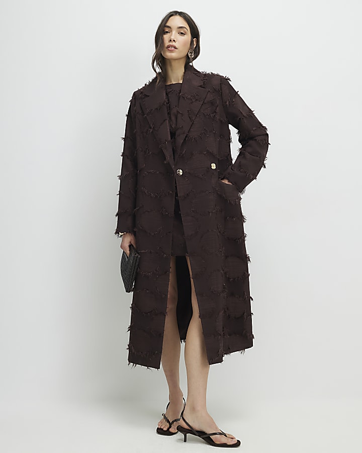 Brown Fringe Longline Duster Coat