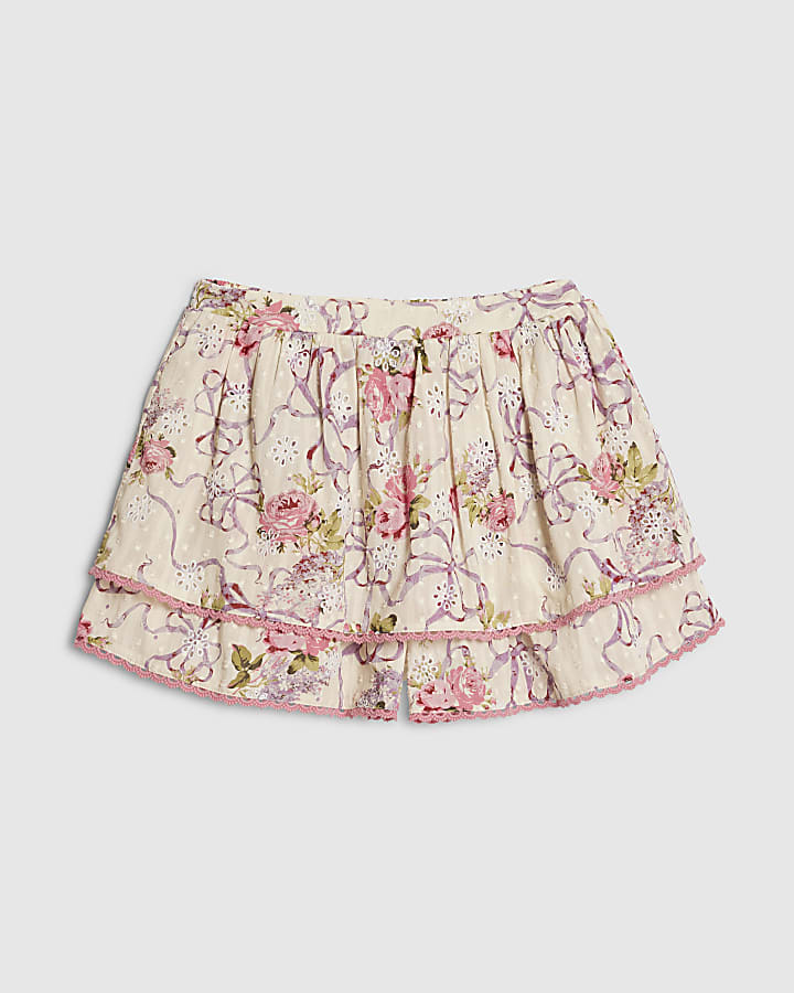 Cream Floral Printed Ruffle Shorts