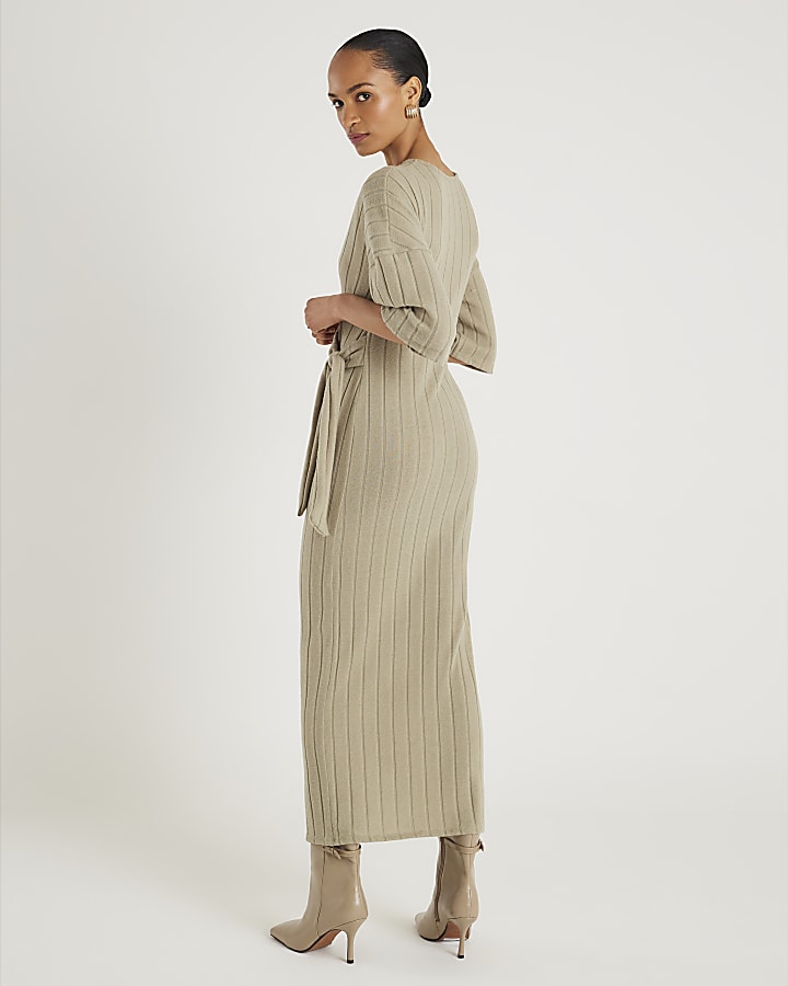Khaki Wide Rib Cosy Midi Dress