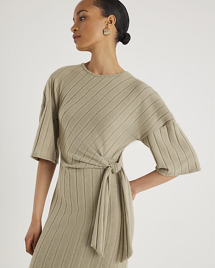 Khaki Wide Rib Cosy Midi Dress