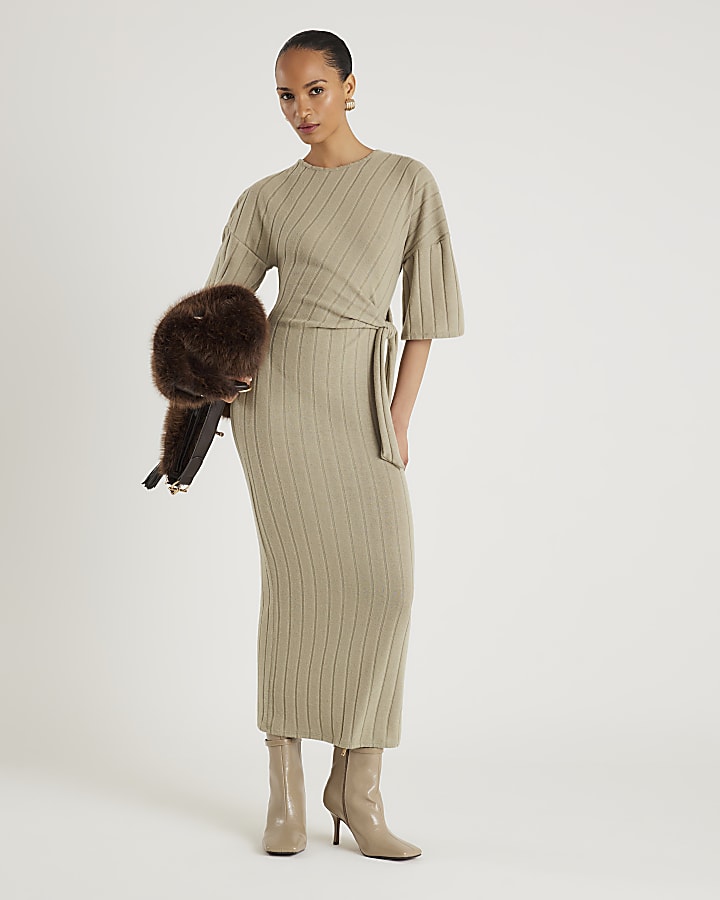 Khaki Wide Rib Cosy Midi Dress