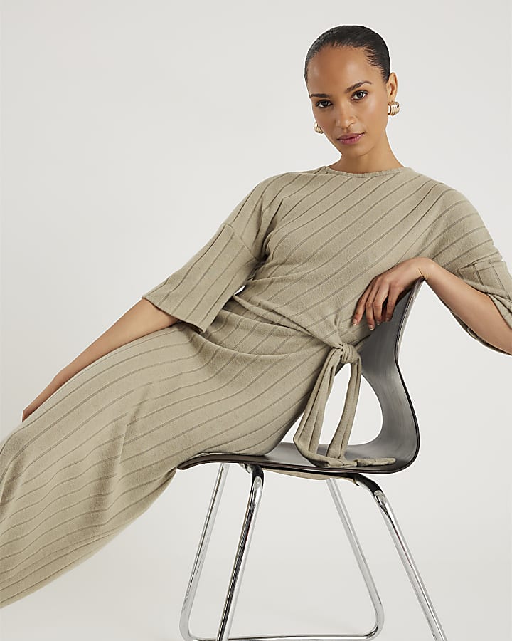 Khaki Wide Rib Cosy Midi Dress