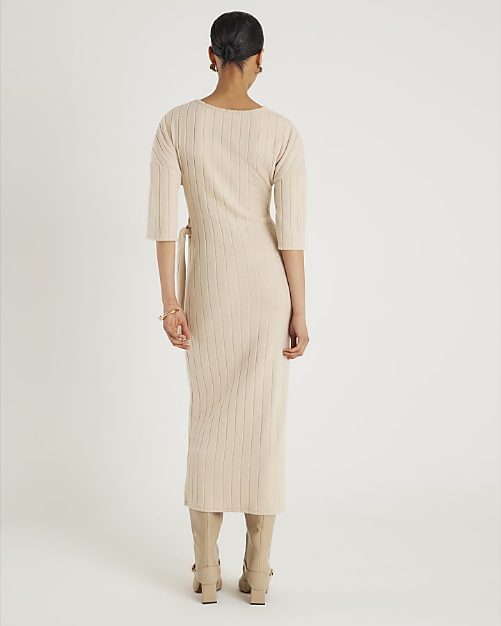 Beige Short Sleeve Cosy Ribbed Midi Dress