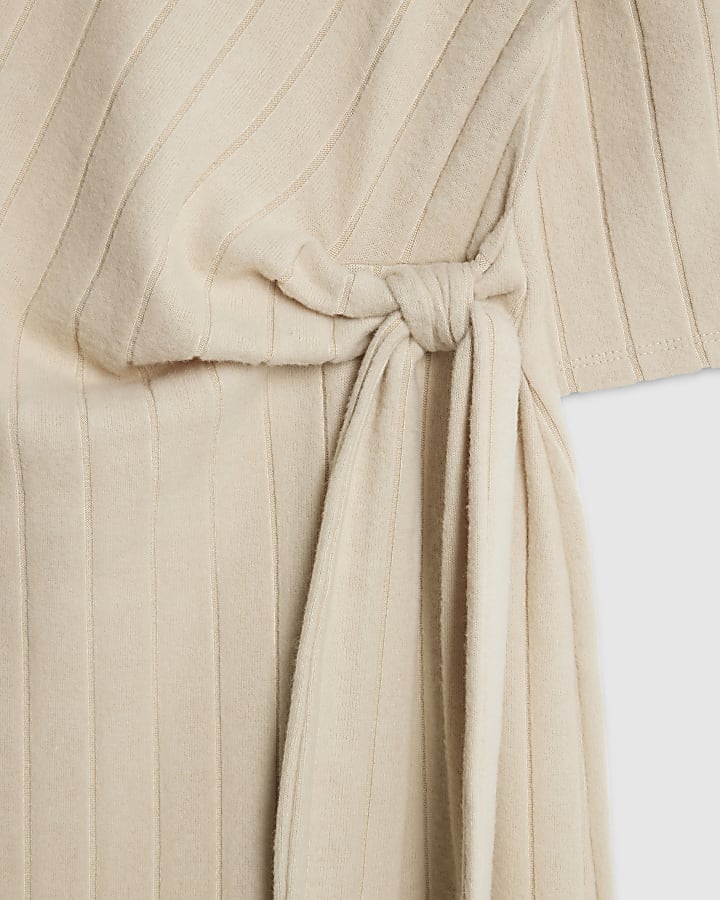 Beige Short Sleeve Cosy Ribbed Midi Dress