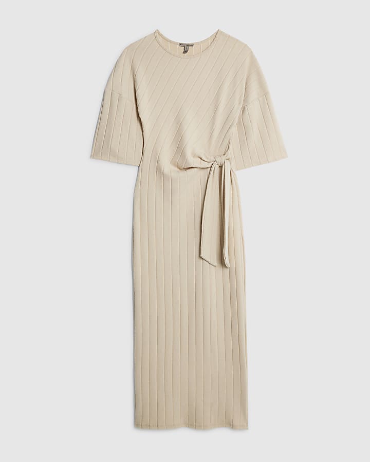 Beige Short Sleeve Cosy Ribbed Midi Dress