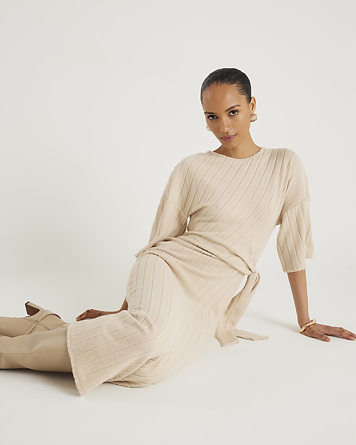 Beige Short Sleeve Cosy Ribbed Midi Dress