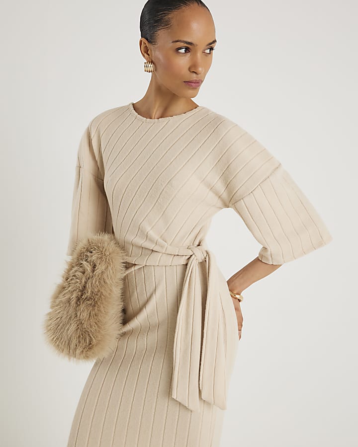 Beige Short Sleeve Cosy Ribbed Midi Dress