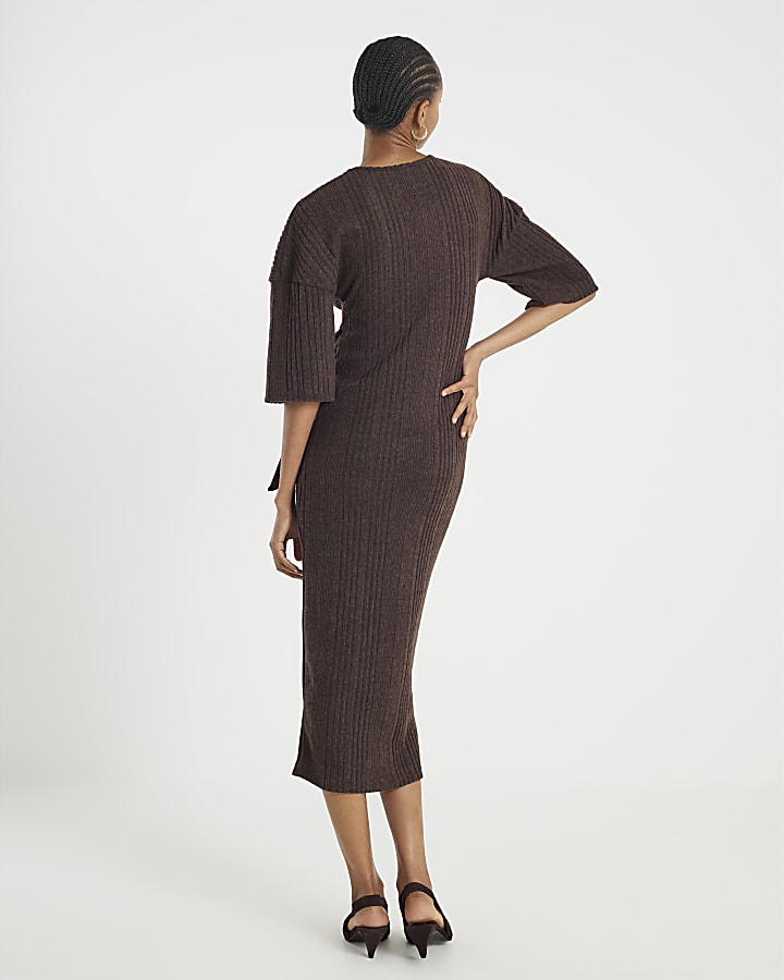 Brown Short Sleeve Cosy Ribbed Midi Dress