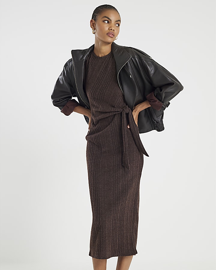 Brown Short Sleeve Cosy Ribbed Midi Dress