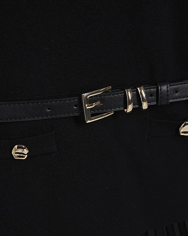 Black Belted Pleat Hem Midi Dress