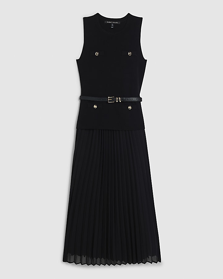 Black Belted Pleat Hem Midi Dress