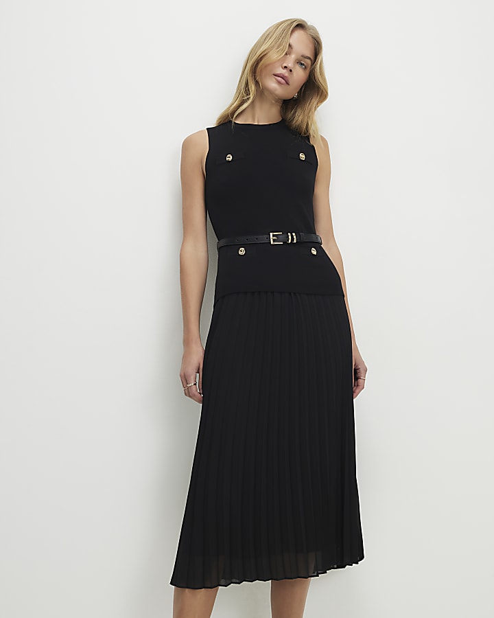 Black Belted Pleat Hem Midi Dress