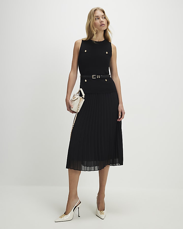 Black Belted Pleat Hem Midi Dress
